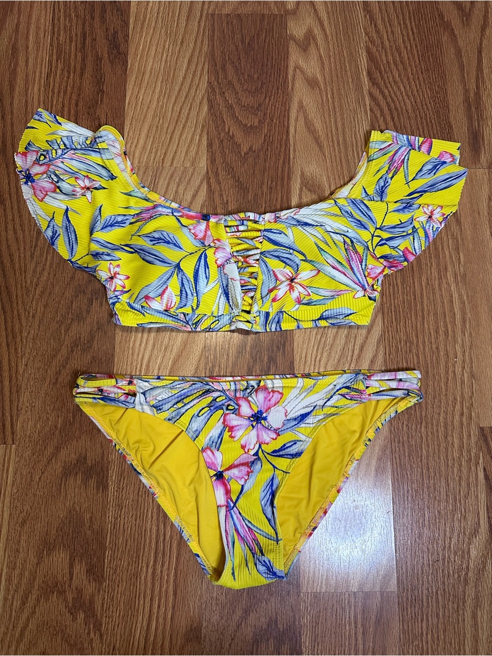 Yellow Tropical Floral Off-Shoulder Bikini Set